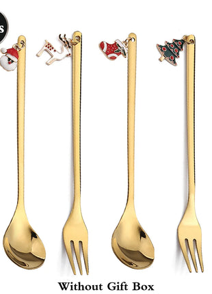Cucchiaini da caffè e forchette per torte con decorazioni natalizie da 4 pezzi con ornamenti per bambole di Natale, set di posate in metallo dorato, forniture per feste - riparo82