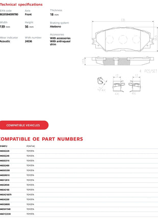 Brembo P83082N Set pastiglie freno a disco anteriori in ceramica premium adatte per SUBARU/TOYOTA/TOYOTA (FAW) OE # 0446502220