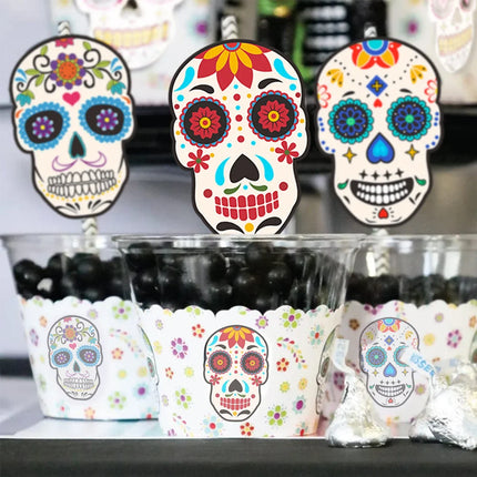 24Pcs Skull Paper Drinking Straw Cocktail Juice Disposable Straws Tableware for Mexican Day of The Dead Halloween Party Decor