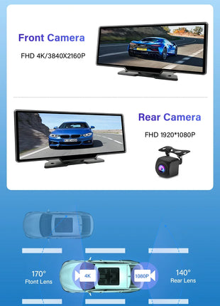 10.26'' Dash Cam 4K Car Mirror Video Player Wireless Carplay Android Auto GPS Car Monitor Multimedia Rearview Camera Dashboard - Riparo82
