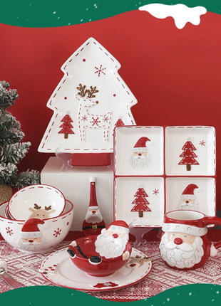 Set di piatti di Babbo Natale dipinti a mano nordici Set di stoviglie per tazze d'acqua con teiera sigillata in ceramica a rilievo rosso - riparo82