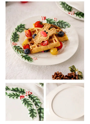 Piatto da pranzo in ceramica in rilievo Piatti da dessert per torte in stile natalizio per la casa Stoviglie da cucina di alta qualità Vassoio da frutta per festival - riparo82