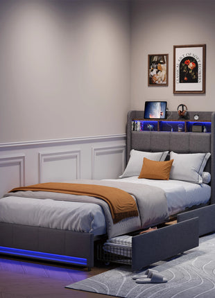 Letto singolo per bambini Superaly 90x200cm, letto imbottito con cassetti, LED e porte di ricarica, testiera con base a doghe