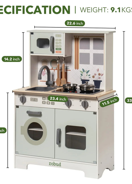 Robotime Robud Play Kitchen Set da cucina in legno Set da gioco finta Luci Suoni Regalo per ragazze Ragazzi dai 3 anni in su Verde chiaro - riparo82