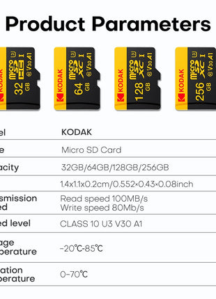Kodak Micro SD Card Scheda di memoria classe 10 32G8 64GB 128GB 256GB U3 4K Ad alta velocità Catao De Memora Flash Memory TF card per fotocamera