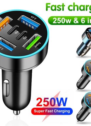 250W 5 Ports Car Charger Fast Charging PD QC3.0 USB C Car Phone Charger Adapter With Voltage For iPhone Samsung Huawei Xiaomi - Riparo82