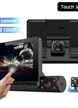 Dash Cam 4 Inch FHD 1080P touch Screen Car DVR 170 Degree Wide Angle 3Lens Video Recorder Night vision Reverse Rear View - Riparo82