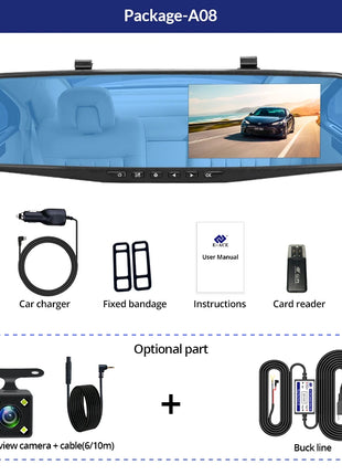 Dash Cam 4.3 inch "mini rear-view mirror digital dashcam, front and rear dual cameras IPS Front and Rear Camera Registrar Black - Riparo82