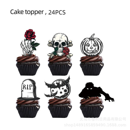 Halloween Theme Disposable Tableware Paper Plates Cups Straws Tablecloth Banner Spiral Cake Topper Happy Halloween Party Decor