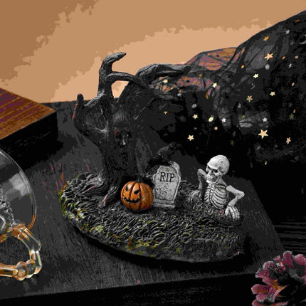 Halloween Figurines Tree Skull Pumpkin Crow Tombstone Figurine Resin Gothic Statue Ornaments Decor for Indoor Home Bookshelf