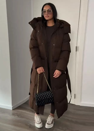 Cappotto lungo in cotone con cappuccio trapuntato imbottito da donna caldo Colletto alla coreana solido allentato Cappotti con cerniera con lacci 2025 Capispalla invernale da donna