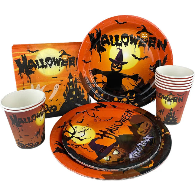 Halloween Theme Disposable Tableware Paper Plates Cups Straws Tablecloth Banner Spiral Cake Topper Happy Halloween Party Decor