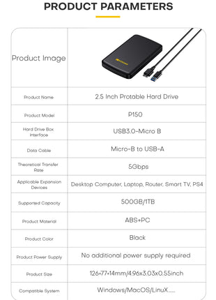 Kodak P150 Disco rigido esterno portatile da 2,5 pollici 1 TB/500 GB Leggi fino a 450 MB/s Archiviazione ad alta velocità per laptop desktop PS4 PS5