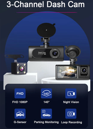 3 Channel Dash Cam for Cars Camera HD 1080P 3-Lens Vehicle Video Recorder Black Box Dual Lens Inside Car DVR Rear View Camera - Riparo82