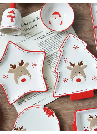 Set di stoviglie natalizie in ceramica dipinta a mano Simpatico piatto da bistecca natalizio Piatto piatto sottosmalto in rilievo - riparo82