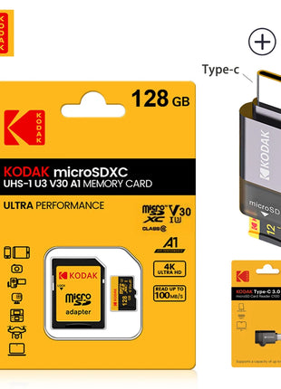 Scheda Micro Sd KODAK con lettore di schede Scheda di memoria Microsd ad alta velocità da 128 GB 256 GB Scheda TF video HD per droni DJI Pocket Cams