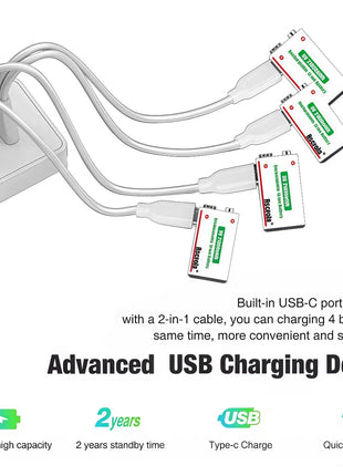 Batteria ricaricabile agli ioni di litio da 9 V a lunga durata 21800 mWh ad alta capacità per pedale rilevatore di fumo per microfono per chitarra con cavo - riparo82