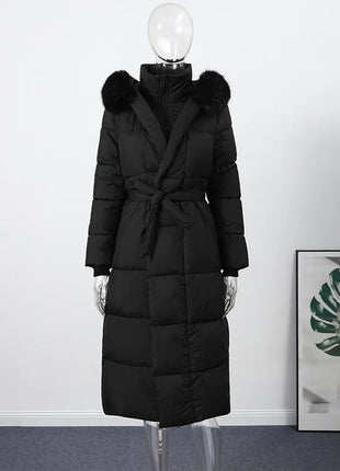 Cappotto lungo in cotone con cappuccio trapuntato imbottito da donna caldo Colletto alla coreana solido allentato Cappotti con cerniera con lacci 2025 Capispalla invernale da donna