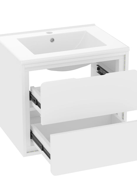 Mobile da Bagno a Parete 60x46x50cm, 2 Cassetti, Dotato di Lavabo in Ceramica Integrato, Verniciatura Completa, Illuminazione LED con Sensore Radar