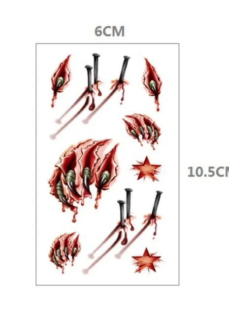 10pcs Halloween Bloody Wound Tattoo Stickers Trick Scary Waterproof Temporary Tattoo DIY Fake Tattoo Halloween Party Decoration - Riparo82