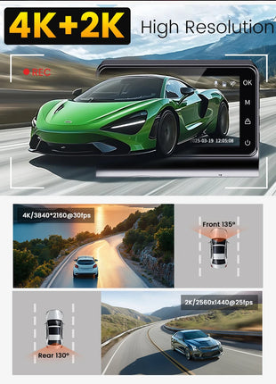 Dash Cam 4K Front and 2.5K Rear Dual Camera GPS WiFi with IMX415 Night Vision 3" Screen APP Control 24H Parking Monitor Tracking - Riparo82