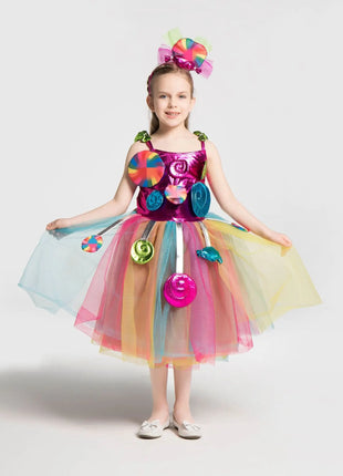 Costume da lecca-lecca arcobaleno per ragazze Abito da principessa Purim Festival Candy Vestido Fantasia Carnevale Compleanno Bambini Fantasia Ali Outfit