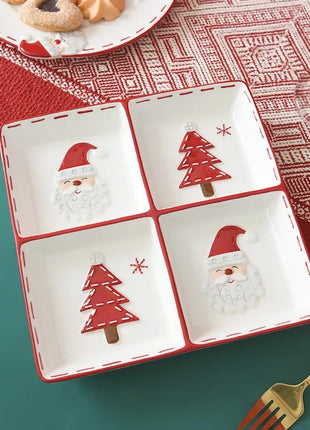 Vassoio in ceramica natalizio creativo Piatto piano a quattro sezioni Piatto da portata per alimenti Snack Frutta Piatto portaoggetti per la casa Stoviglie - riparo82