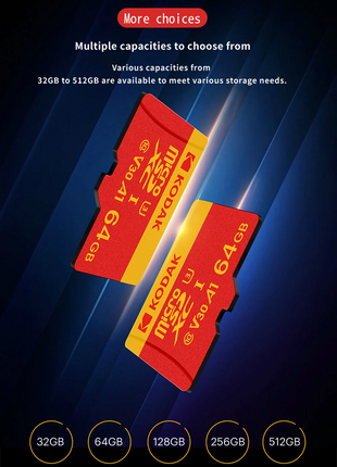Kodak ad alta velocità   Scheda Micro SD U3 Classe 10, fino a 100 MB/s, scheda di memoria TF con adattatore - Disponibile in 32 GB, 64 GB e 128 GB