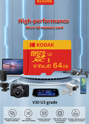 Kodak ad alta velocità   Scheda Micro SD U3 Classe 10, fino a 100 MB/s, scheda di memoria TF con adattatore - Disponibile in 32 GB, 64 GB e 128 GB