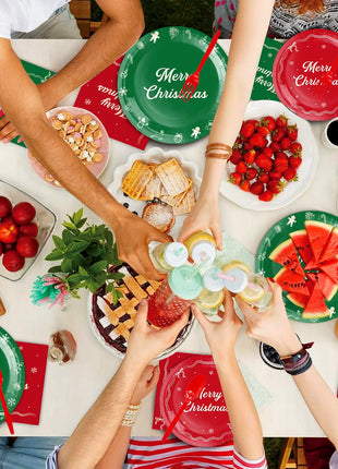 Stoviglie usa e getta a tema natalizio Piatti di carta rosso verde Tazze Tovaglioli Tovaglia Forniture per decorazioni per feste di buon Natale - riparo82