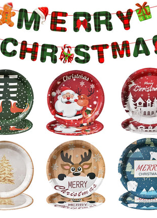Piatti di buon Natale Babbo Natale Albero di Natale alce Piatti di carta rotondi usa e getta da 9 pollici Forniture per feste di Natale Decorazioni da tavola - riparo82