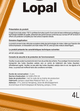 Lopal SONIC 9388 5W-30 A5/B5 SP 4L Olio motore per auto Protezione avanzata 4L Lubrificante Olio motore completamente sintetico per auto Europen