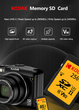 Scheda SD per fotocamera Kodak ad alta velocità 280 Mb/s V60 V90 U3 64 GB 128 GB 256 GB 1T Scheda di memoria per Canon per fotocamera Sony Supporto video 4K 8K