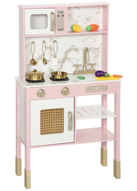 Aiyaplay Cucina giocattolo in legno con suono, Cucina per bambini con accessori in acciaio inossidabile, Microonde, Forno, Lavello, Verdure tagliate, per bambini dai 3 anni, Rosa - riparo82