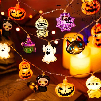 1PC Halloween 10 LED Battery Powered String Lights With Ghost Witch Cat Pumpkin Spider Web Skeleton Mummy Pirate Shape Indoor