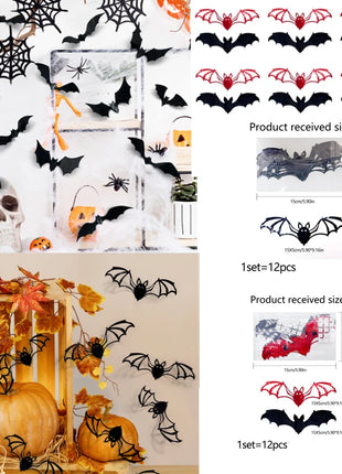 Halloween Bat Stickers Decoration 3D Red Black PVC Hollow Out Bat Wallpaper Decal Home Wall Background Halloween Decoration - Riparo82