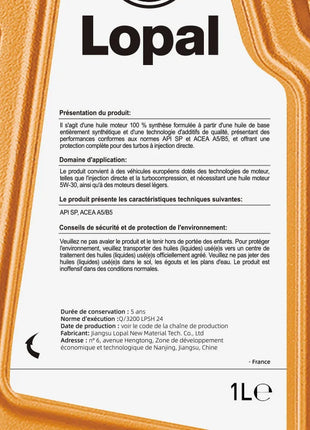 Lopal SONIC 9388 5W-30 A5/B5 SP 1L Olio motore per auto Protezione avanzata 1L Lubrificante Olio motore completamente sintetico per auto EU Camion