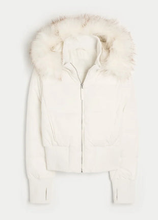 Giacca corta chic con tasca con cerniera a maniche lunghe Cappotto trapuntato con cappuccio in pelliccia sintetica da donna di moda 2025 Capispalla imbottito invernale New Lady