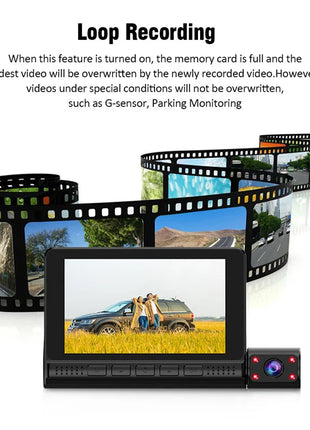 Dash Cam 4 Inch FHD 1080P touch Screen Car DVR 170 Degree Wide Angle 3Lens Video Recorder Night vision Reverse Rear View - Riparo82