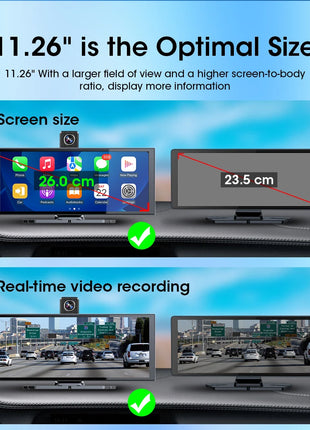11.26 inch Dash Cam Car DVR 4K Camera Wireless Carplay Android Auto Touch Screen Dual Len Video Recorder Dashboard BT FM AUX GPS - Riparo82