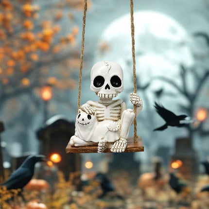 1pc Halloween Swing Skull Holding Ghost Cat Statue Garden Home Furnishing Bedroom Outdoor Balcony Decoration Party DIY Supplies