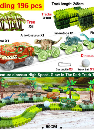 I giocattoli del treno dei dinosauri creano un set da gioco flessibile da corsa su strada del mondo dei dinosauri, auto da corsa dei giocattoli dei dinosauri per le ragazze dei vecchi