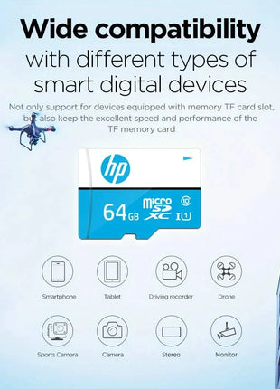 Scheda microSD HP 64GB compatibile con smartphone, tablet, droni, fotocamere su riparo82.