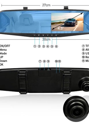 Dash Cam 4.3 inch "mini rear-view mirror digital dashcam, front and rear dual cameras IPS Front and Rear Camera Registrar Black - Riparo82