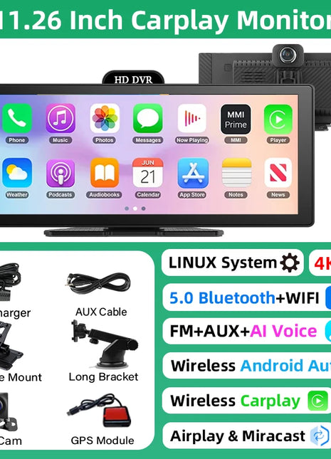 10/11.26 Inch 4K DVR Wireless CarPlay & Android Auto Dash Cam Bluetooth Audio GPS Navigation Dashboard Dual Lens Video Recorder - Riparo82