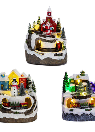 Figurine da collezione in resina Musica LED leggera Figurine di villaggio di Natale Statua rotante del villaggio per il regalo di decorazioni per la casa di Natale