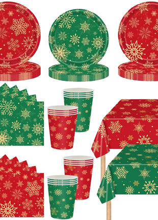 Piatti da tavola usa e getta natalizi Tovaglioli Tazze Fiocco di neve Piatto da dessert rosso verde per cena per forniture per feste invernali di buon Natale - riparo82