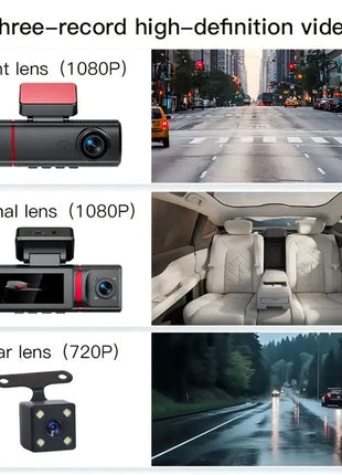 3 Channel Dash Cam, Front and Rear Inside Camera, Dash Camera, 3.16” IPS Screen, Loop Recording, G-Sensor, Night Vision - Riparo82