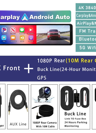 11.26" 4K 2160P Car Dvr Carplay Android Auto Dash Cam GPS WIFI BT FM Stream Rear View Mirror Dashcam Dvrs Camera Drive Recorder - Riparo82