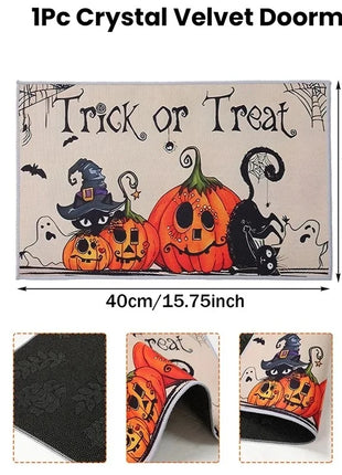 Halloween Crystal Velvet Front Doormat Non Slip Rubber Rug Farmhouse Decor Pumpkin Doormat Trick or Treat Party Supplies - Riparo82